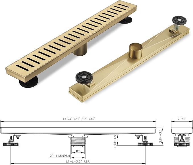 Linear Shower Drain 36 inch, Floor Drain with Removable Pattern Grate, 304 Stainless Steel Rectangular Linear Drain with Hair Strainer, CUPC Certified, Brushed Gold, SD-104