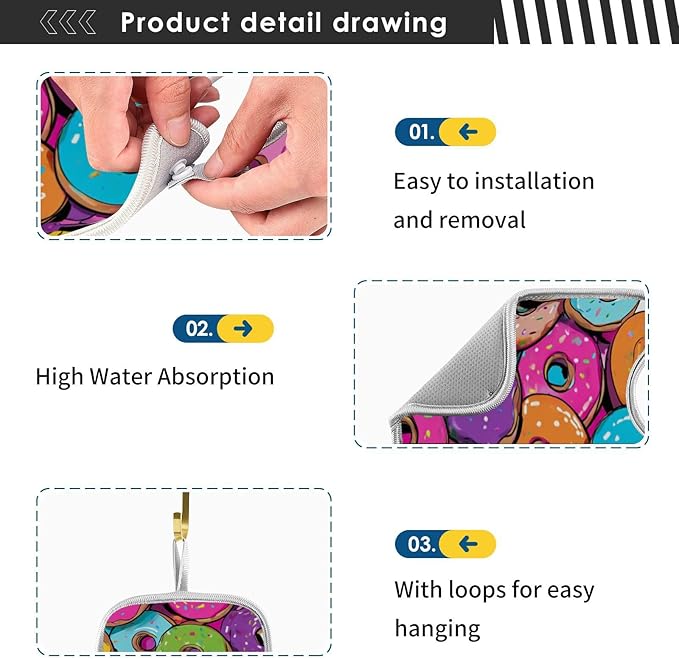 2 PCS Kitchen Sink Splash Guard 30 Inch Faucet Mat for Kitchen Sink Bathroom Sink Faucet Absorbing Drip Drain Mat Pad Microfiber Soft Washable Cute Colorful Donuts