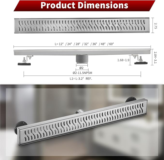 Sharp-tec Linear Shower Drain, 36 inch Shower Drain with Removable Pattern Cover, Brushed Nickel 304 Stainless Steel Rectangle Floor Drain, Adjustable Feet and Hair Strainer Included