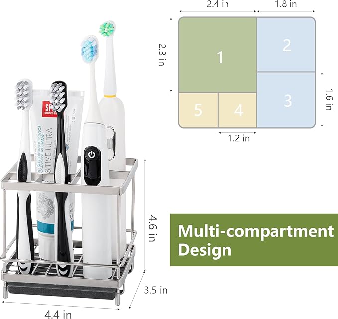 Stainless Steel Toothbrush Holders for Bathrooms, 5 Slots Kids Electric Tooth Brush and Toothpaste Organizer for Countertop, Shower, Vanity, Sliver