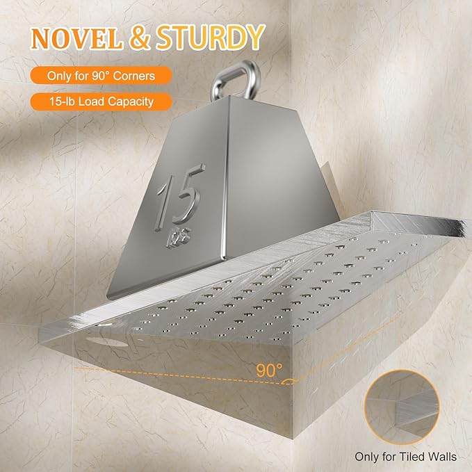 12" Corner Shower Shelf 2-Pcs, Rustproof 304 Stainless Steel Corner Shower Shelves with Razor Holder Slot Design Recessed Bathroom Shower Shelf for Tiled Wall (Brushed Silvery)