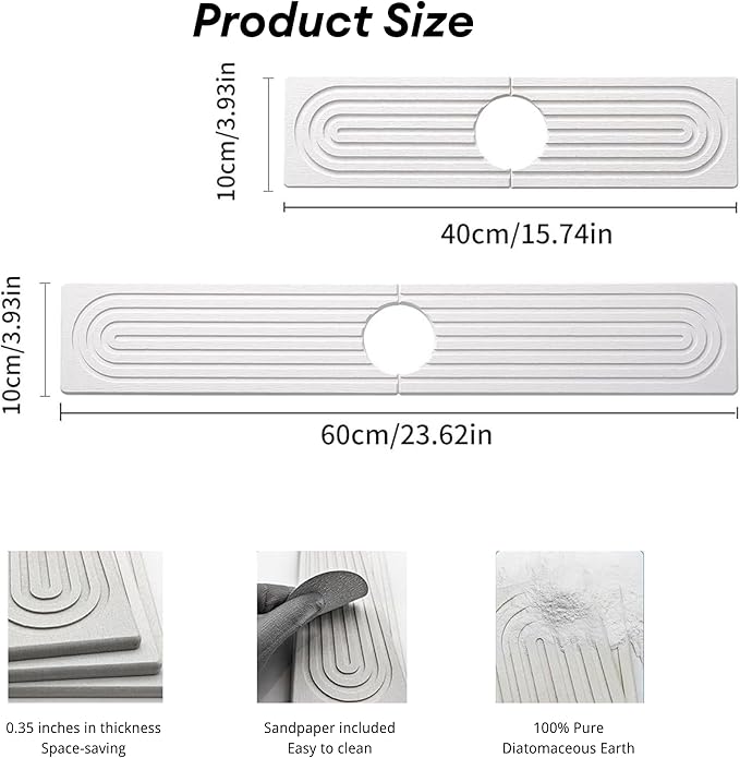 Faucet Mat for Kitchen Sink, 24'' Long Diatomite Quick Dry Faucet Mat Faucet Splash Guard for Bathroom Counter, Kitchen [White, 23.6" x 3.9"]