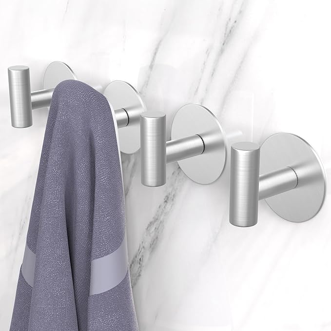PMMASTO Adhesive Hooks, Matte Stainless Steel Sticky Hooks for Hanging, Self Adhesive Shower Wall Hooks, Towel Hooks Heavy Duty for Bathroom, Bedroom RV and Kitchen (Silver “T ”Shape 2PC-R)