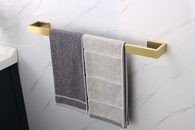 TocTen Bath Towel Rack - Square Base Thicken SUS304 Stainless Steel Towel Bar for Bathroom, Bathroom Bar Accessories Towel Rod Heavy Duty Wall Mounted Towel Holder (Brushed Gold, 24 Inch)