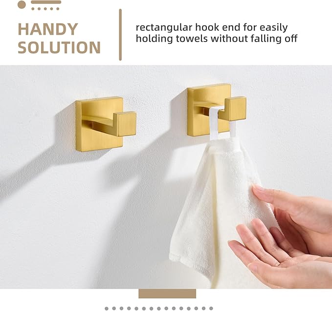 Angle Simple Towel Hook Brassy Gold 2 Pack, 304 Stainless Steel Square Robe Hook for Bathroom