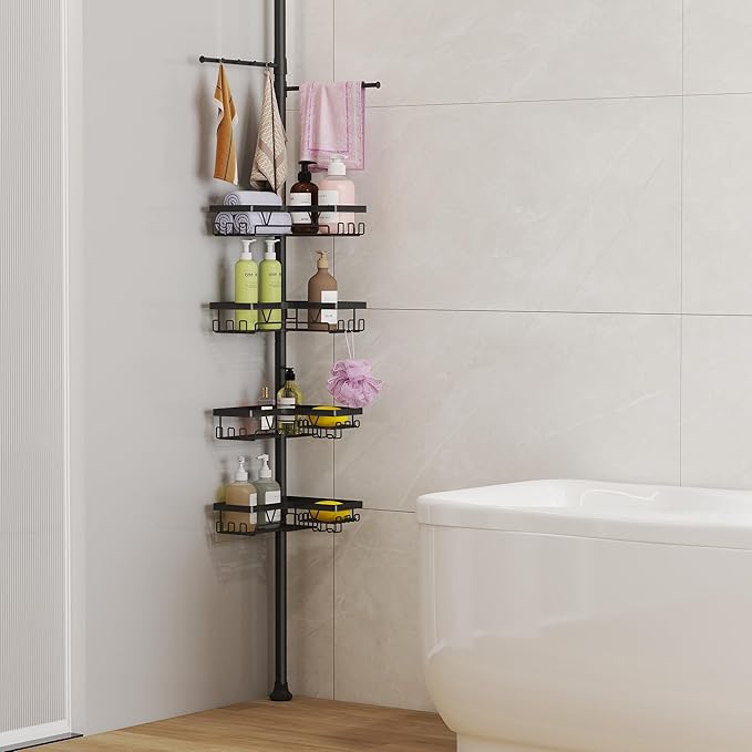 Taozun Shower Caddy Organizer Tension Pole, Rustproof 2 Towel Bars and 4 Adjustable Shelves, 25-114.2 Inch No-Drill Quick Installation, Extra Soap Dish for Bathroom Storage Black