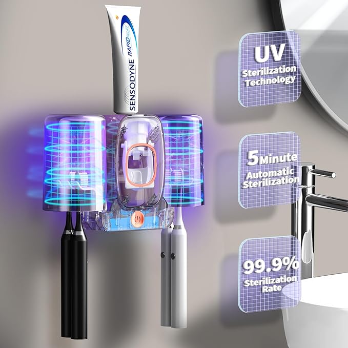 Toothbrush Holders for Bathrooms,Rechargeable Cordless Wall Mounted Tooth Brushing Holder,Electric Toothbrush Holder with 2 Cups,4 Toothbrush Slots,Toothpaste Dispenser (Grey)