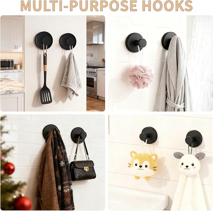 Suction Cup Hooks for Wreaths, 2025 Upgraded Black Wreath Hangers for Front Doors, Strong No-Drill Suction Hooks for Shower/Bathroom/Glass/Mirrors
