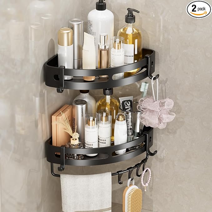Adhesive Shower Corner Caddy，2-Pack Heavy Duty Shower Corner Shelves Rack with 8 Hooks and 1 Towel Bar，Rustproof Bathroom Organizer No Drilling Wall Mounted