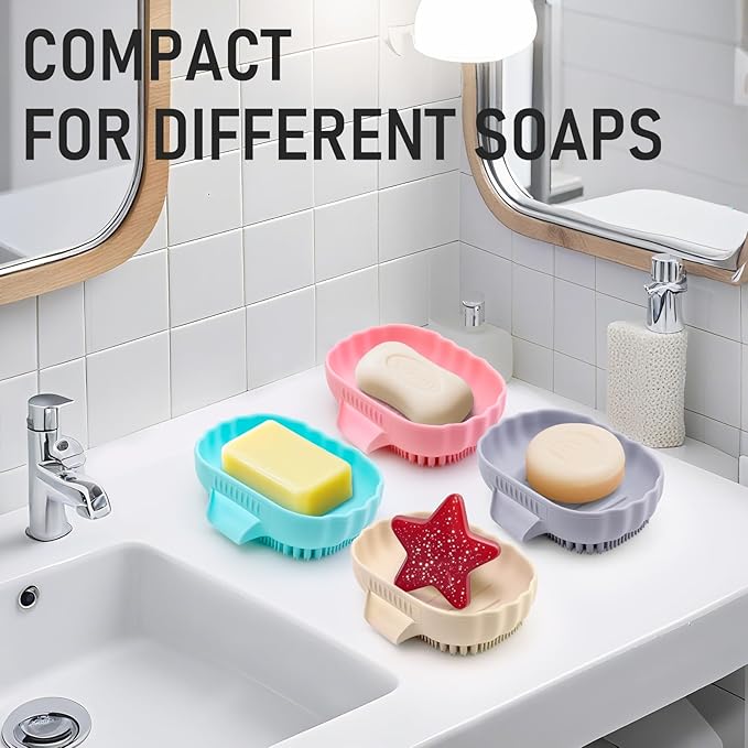Silicone Soap Dish with Drain 2 Pcs, Anti-Slip Bathroom Bar Soap Holder Dishes Self Draining Waterfall Saver Plate for Shower Sink - Unique Bottom Brush Easy Dry & Clean (Pink + Lavender Grey)