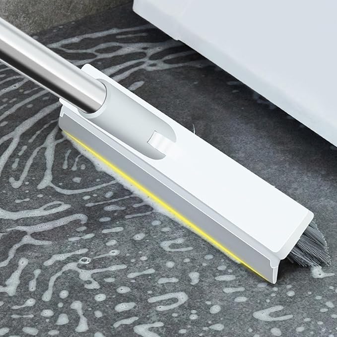 2 in 1 Floor Brush Scrubber with Long Handle Rotating Grout Brush Scrape V Shape Scrub Brush with Squeegee Deck Scrubber Brush for Deck Bathroom Kitchen (White)