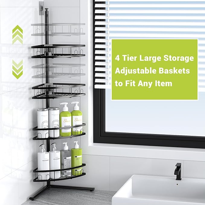 Floor Standing Corner Shower Caddy: 4-tier Rustproof Freestanding Shower Organizer Shelf for Inside - No Drilling Bathroom Rack Stand Black