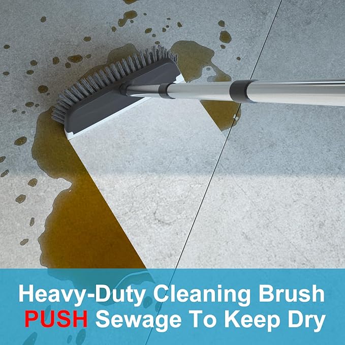 ITTAR Floor Scrub Brush with 55" Long Handle, 10" Wide Stiff Bristles Deck Brush, Stainsless Steel Pole Heavy-Duty Cleaning Brush, 2-in-1 Scrubber with Ruber Squeegee for Deck, Patio, Pool, Tile, Wall