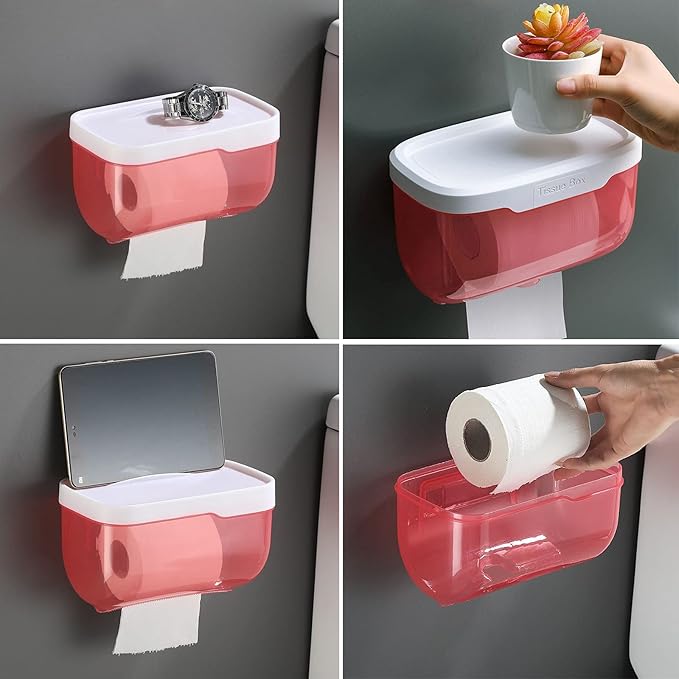 Toilet Paper Holder - Wall Mounted Waterproof Bathroom Roll Holder,Multifunction Dispenser Cat Proof No Drilling (Grey)