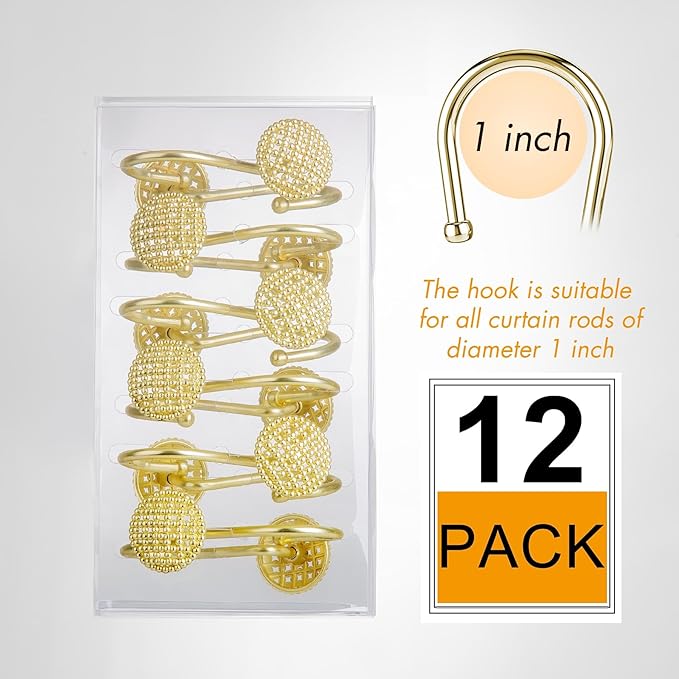Pearlbee Gold Shower Curtain Hooks, Rustproof Shower Curtain Rings for Bathroom, Metal Shower Hooks for Shower Curtain Rod, Modern Decorative Shower Curtain Hangers Set of 12, Round Heavy Duty Design