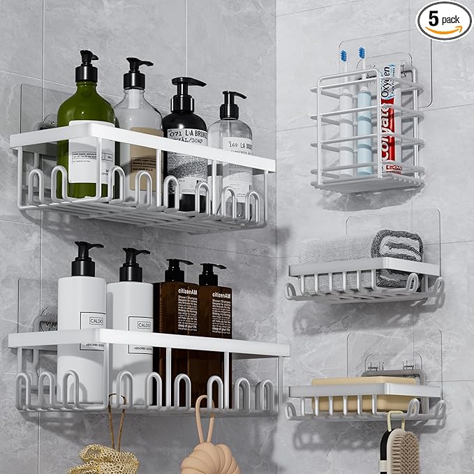 5-Pack Adhesive Shower Caddy, Rustproof Stainless Steel Organizer for Bathroom Storage with Large Capacity, No Drilling Bathroom Caddy with Soap Toothbrush Holder for Kitchen Home White