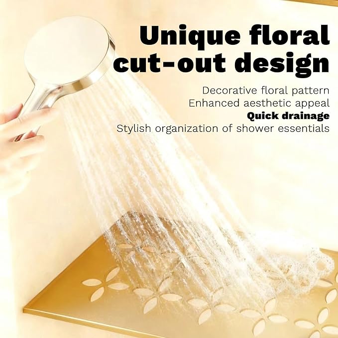 12 Inch Frosted Golden Aluminum Material Shower Niche Shelf Rectangular Bathroom Niche Shelf with Floral Design Fits Prefabricated Tile Niches 1 Pack