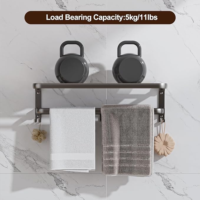 Towel Racks for Bathroom, 24inch Foldable Towel Holder with Double Towel Bars, Rustproof Towel Organizer Towel Hanger, Wall Mounted Bath Towel Shelf with 7 Hooks for Bathroom, Lavatory - Grey