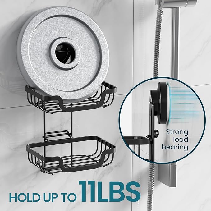 TAILI Soap Holder for Shower - Double Layer Soap Dish with Drain Holes, Rustproof Stainless Steel, Suction Cup Bath Organizer Keeps Sink & Shower Area Dry, Black