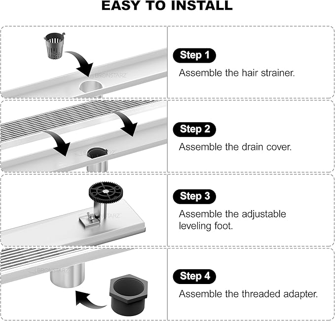 304 Stainless Steel Shower Drain, Removable Grate & Hair Catcher Bathroom Floor Drain with Waterproof Design for Tile Floor, CUPC Compliant (Brushed Finish, 60 Inch)