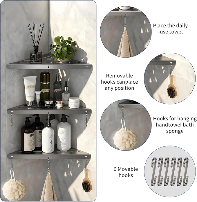 3 Pack Corner Shower Shelf,10" 304 Stainless Steel Bathroom Shelves Add 6 Hooks 40 lbs Heavy Duty Capacity Durable Shower Shelf for Inside Shower Drilling Installation (Silver)