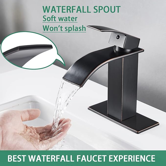 VOTON Bathroom Faucets Oil Rubbed Bronze Modern Waterfall Bathroom Sink Faucet Single Handle Bathroom Faucet for 1 or 3 Holes with Deck Plate and Pop-Up Drain, Rv Sink Camper Farmhouse Faucet