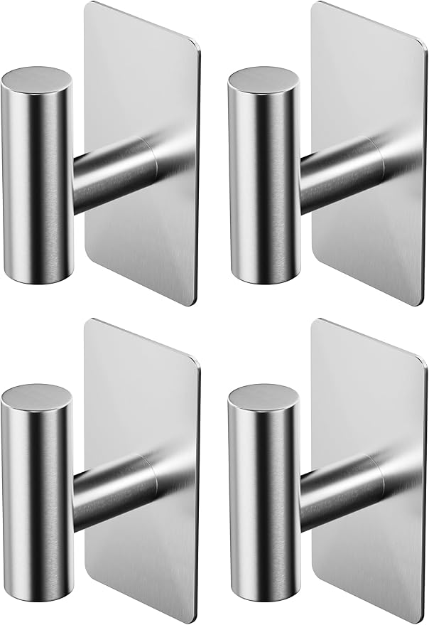 Towel Hooks for Bathrooms – 4 Pack, Brushed Silver Finish, T-Shaped Stainless Steel Adhesive Wall Hooks for Robes & Towels in Kitchen, Shower, or Closet