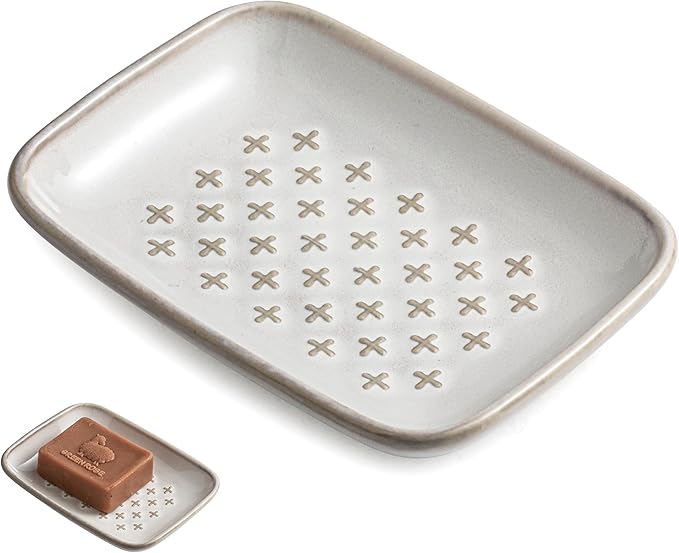 Premium Ceramic Soap Dish Holder - Large 5.5 Inch Soap Saver Tray with Non-Slip Base, Multi-Use for Bar Soap, Sponge & Jewelry - Elegant Gift for Bathroom, Kitchen, Shower Countertop - Creamy White