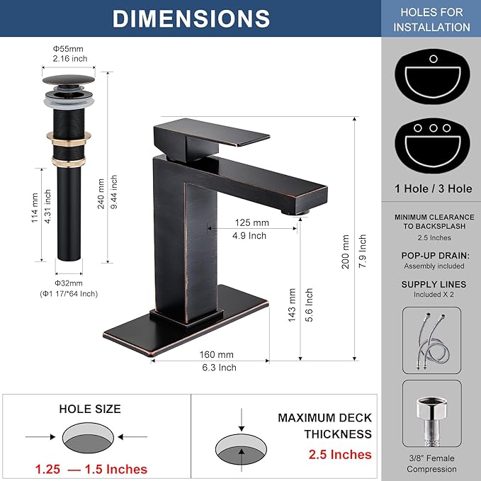 Oil Rubbed Bronze Bathroom Faucet, Single Hole Vanity Bath Faucet, Single Handle Modern Stainless Steel Bathroom Faucets for Sink 1 Hole with Pop Up Drain Stopper & Water Supply Hoses