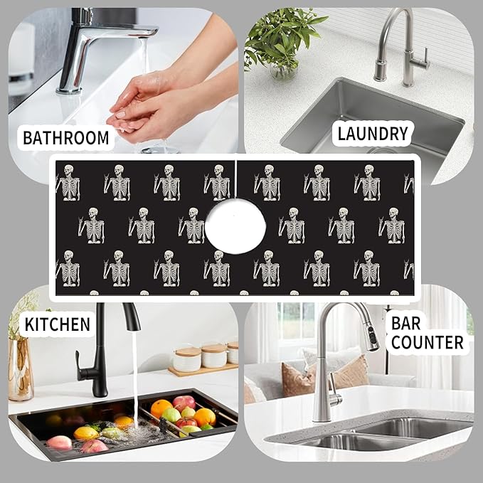 Absorbent Splash Guard Mat for Kitchen Sink, 15×5.5 Inch Cute Fast Drying Drip Catcher Behind Faucet Mat, Non-Slip, Washable Sink Mat Gadgets for Bathroom, Kitchen, Bar Cute Skeleton