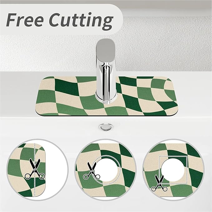 Kitchen Sink Splash Guard，Green-and cream checkered Faucet Mat Sink Gadgets-Super Absorbent Fast Drying Mat Drip Catcher for Kitchen, Bathroom,Sink Mat, Dish Drying Mat, Bathroom(15" X 5.5" )