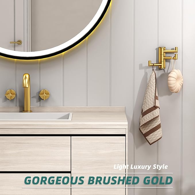 APLusee Swivel Towel Hook, 304 Stainless Steel Foldable Clothes Hook with Multi Three Rotating Arm, Flexible Bathroom Kitchen Storage Hanger Wall Mounted, Brushed Gold