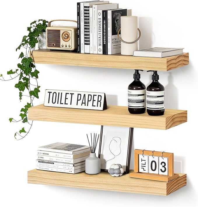 Floating Wall Shelves 24x6.8x1.7 Inch – Solid Wood Rustic Shelves in Natural Wood Finish – Wall Mounted Display Shelf for Bathroom, Kitchen, Bedroom – Set of 3