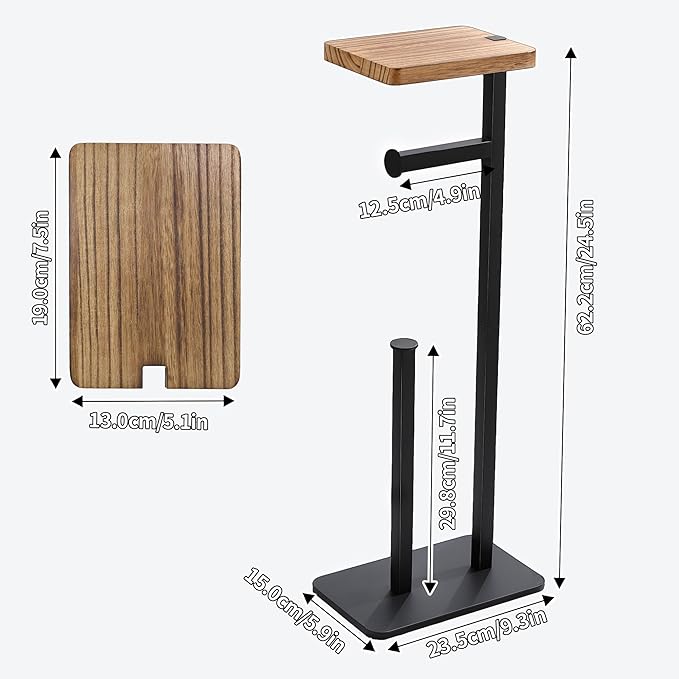 Holder Phone Toilet Paper Holder Stand - Toilet Paper Stand for 3 Rolls with Anti-Slip Base and Wood Shelf for Wipes, Natural Bathroom Decor