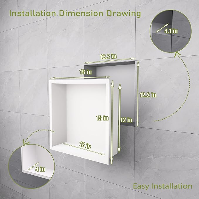 Stainless Steel Shower Niche 12"x12"，Shower Inserts Kit for Bathroom ， Recessed Shower Shelf Organizer for Storage Matte White （12"x12"）