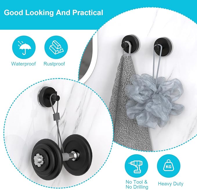 HUFEEOH Suction Cup Hooks for Shower, 4 Pack Removable Towel Holder Wall Hooks for Inside Shower, No Drill Towel Hooks for Bathroom Hanger Wall Mount (Black)