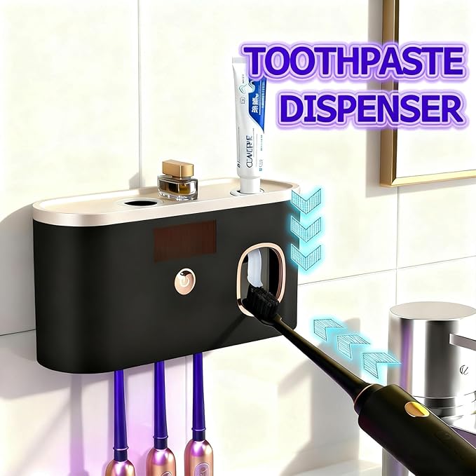 Toothbrush Sterilizer Holder Wall Mounted, USB Rechargeable Automatic Toothpaste Dispenser with 5 Brush Slots, Bathroom Organizer for Families (Black)