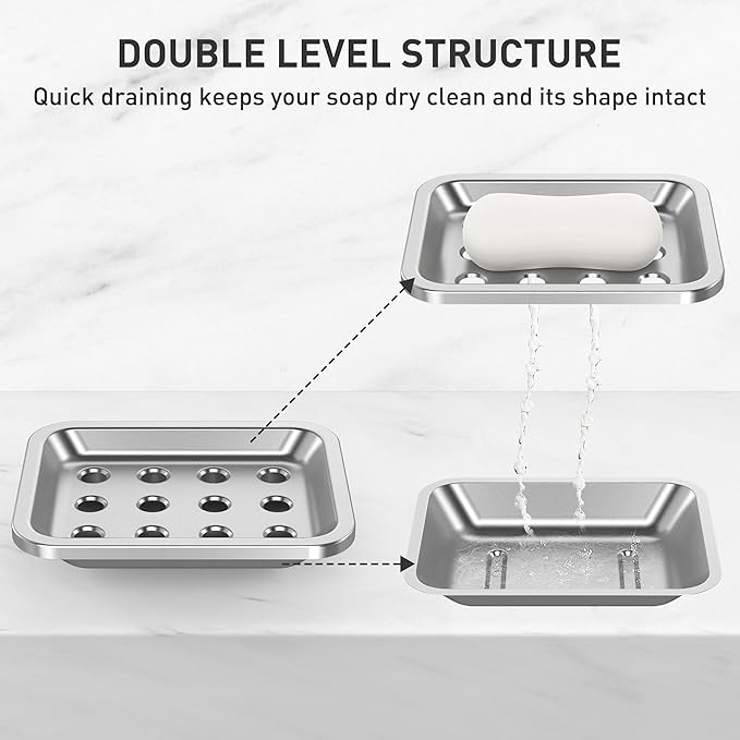 Stainless Steel Soap Dish, Large Double-Layer Draining Soap Holder, Metal Soap Dish for Bathroom, Shower, Kitchen and Sink Countertops