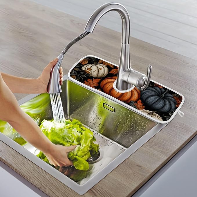 2 PCS Kitchen Sink Splash Guard 30 Inch Faucet Mat for Kitchen Sink Bathroom Sink Faucet Absorbing Drip Drain Mat Pad Microfiber Soft Washable Black Autumn Pumpkins Flowers Maples