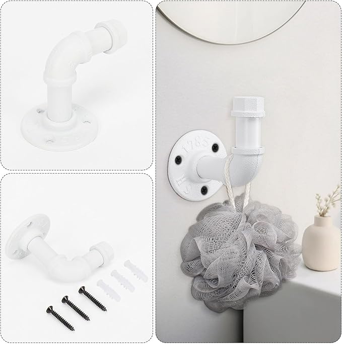 4-Pieces Industrial Pipe Bathroom Towel Ring Kit DIY Wall Mount Accessories Kit Includes Robe Hook Towel Bar and Towel Ring (White 16 inch)