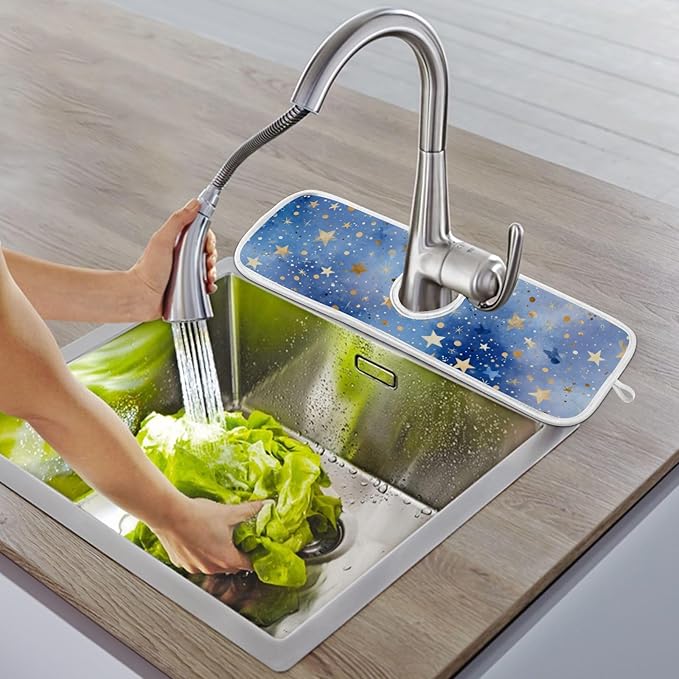 2 PCS Kitchen Sink Splash Guard 30 Inch Faucet Mat for Kitchen Sink Bathroom Sink Faucet Absorbing Drip Drain Mat Pad Microfiber Soft Washable Black and Blue Stars