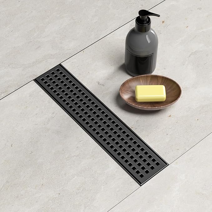 Linear Shower Drain 12 Inch Rectangular Floor Drain with Removable Square Hole Cover and Hair Catcher, Long Shower Drains 304 Stainless Steel CUPC Certified (Matte Black)