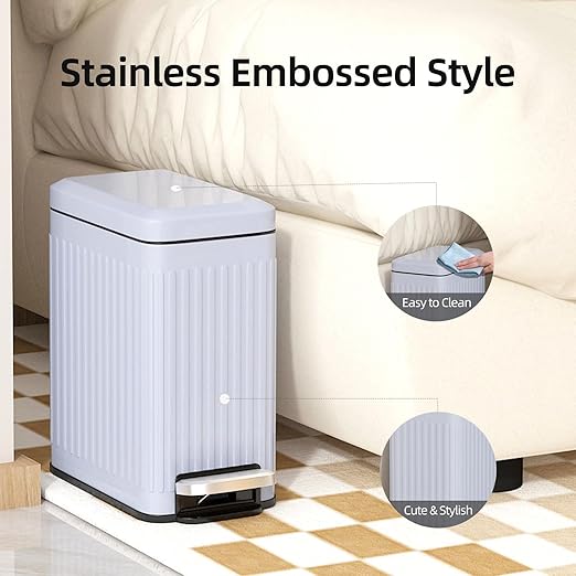 Slim Bathroom Garbage Can,6 Liter/1.6 Gallon Stainless Steel Trash Can with lid Soft Close,Small Garbage Cans for Bedroom, Office, Kitchen,Grey