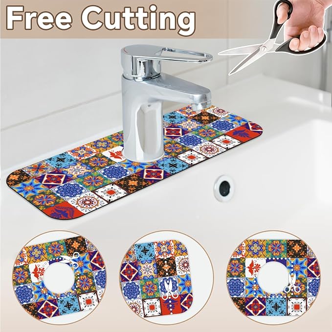 Kitchen Sink Splash Guard Faucet Mat Talavera Mexican Boho 1PC Absorbent Fast Drying Faucet Guard & Draining Mat Sink Splash Guard Behind Faucet Drip Catcher for Kitchen Bathroom RV (15.4" X 5.7" )