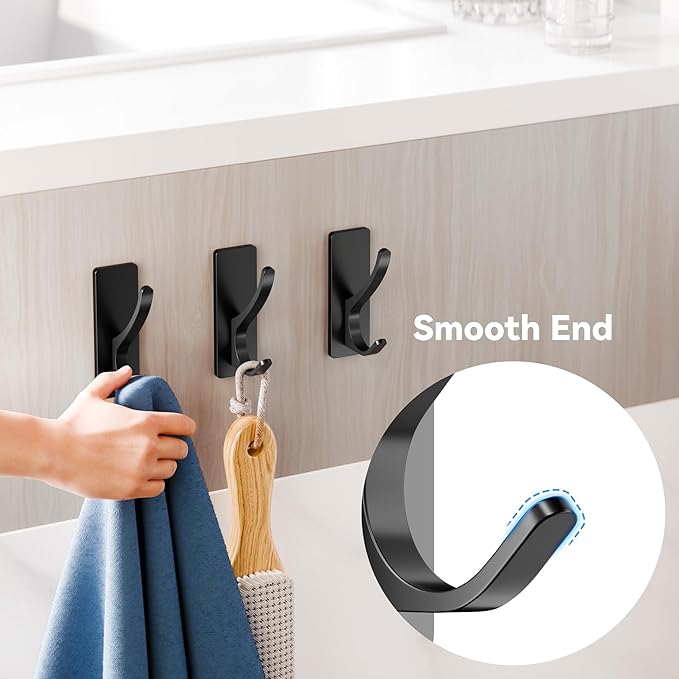 Self Adhesive Towel Hooks: Extra Strong 13LB, Stainless Hook for Hanging Loofah, Towels, Coat, Bath Robe Bathroom Shower, Black, 4 Pack