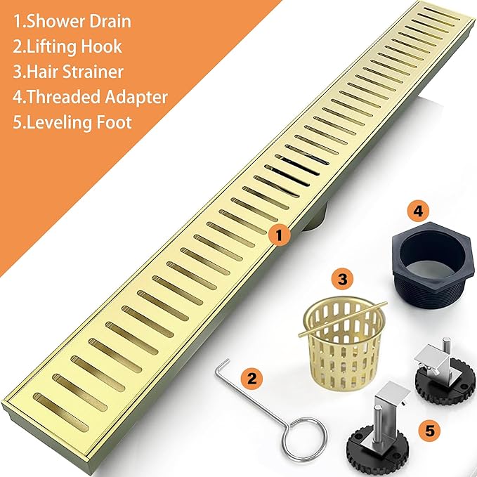 24 Inch Linear Shower Drain Bathroom Kitchen Golden Floor Drain Removable Capsule Pattern Cover Accessories Shower Drain 304 Stainless Steel Drain with Hair Strainer Adjustable Leveling Feet