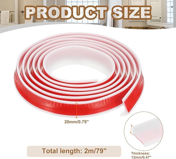 PATIKIL 79 Inch Collapsible Shower Threshold Water Dam Guard, Shower Stopper Barrier Self Adhesive Sink Splash Guard for Frameless Shower Door Bottom, White (0.8"Wx0.5"T)
