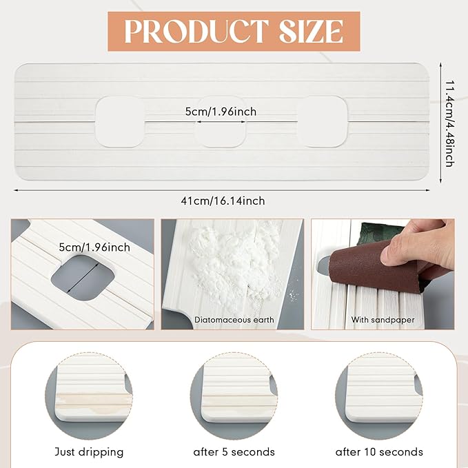3 Square Hole White Faucet Mat for Kitchen Sink 16.14" x 4.49" Kitchen Faucet Absorbent Mat Diatomite Splash Guard for Sink Quick Drying Stone Drip Catcher for Bathroom Counter