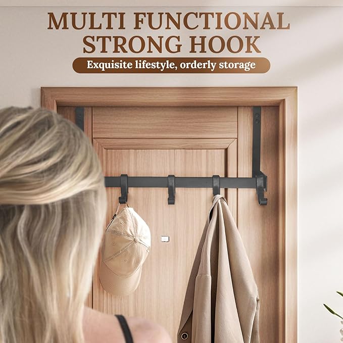 18" Over The Door Hook Rack with 5 Movable Hooks, Soft Iron Finish, for Bedroom, Bathroom, Walk-in Closet, Laundry Room and More - Black