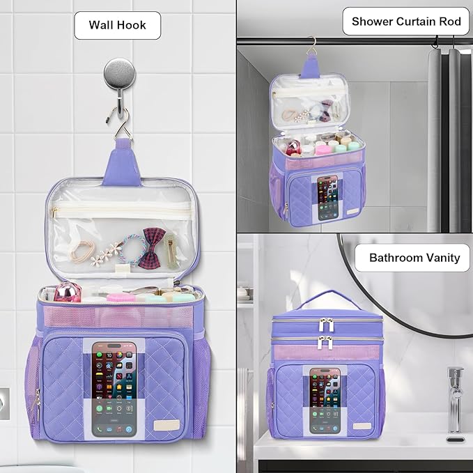 Portable Shower Caddy College Dorm Essentials, Large Toiletry Bag for Women Men, 2 Layers Quickly Dry Mesh Bathroom Tote Bag, Hanging Makeup Organizer Bag for Travel, Gym, Camping (Purple)